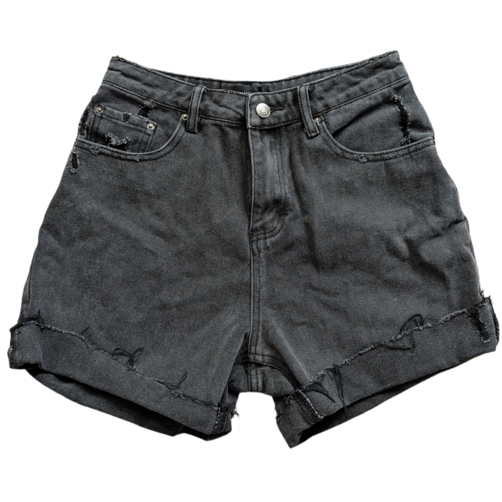 White Fox Boutique Black Wash High Waisted Distressed Denim Shorts Size Small